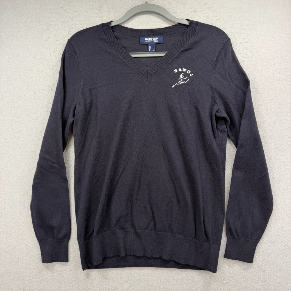 Lands End Sweater Womens Small S Navy Blue V Neck Knit NAWGJ Gymnastics Pullover